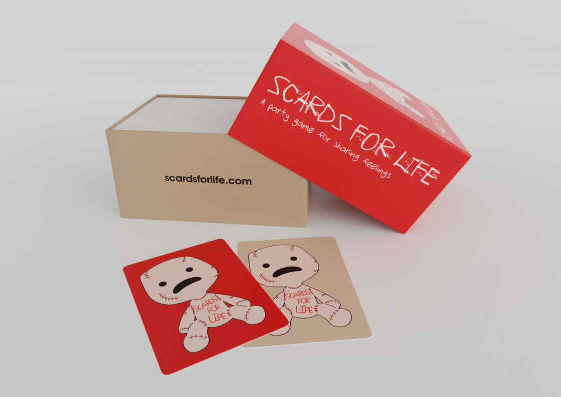 Red and beige boxes with 'Scards for Life' branding on a light gray background
